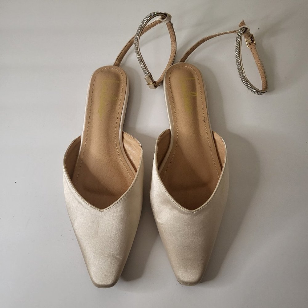 Lulu's Valletta Ivory Satin Flats with Rhinestone Ankle-Strap Size 9